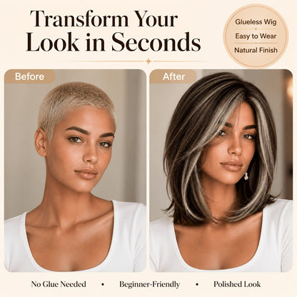 U Part Lace Front Bob Wig 4x1 Glueless Rose Net Cap Middle Part Natural Hairline Synthetic Wig for Women 14 Inch Brown Highlights Milky White Black Pink