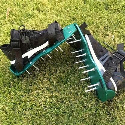 Lawn Aerator Shoe Pair with Green Platforms, Adjustable Black Straps and Spiked Soles for Walking Use