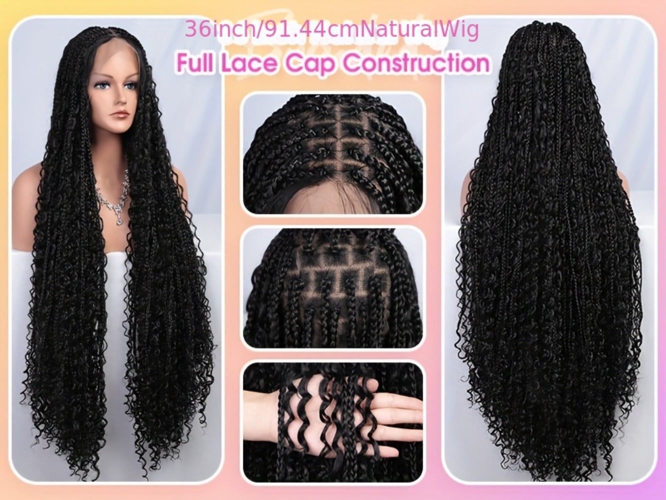 Thirty-Six-Inch Bohemian Square-Braid Wig with Curly Ends and Four Black, Blonde or Burgundy Options
