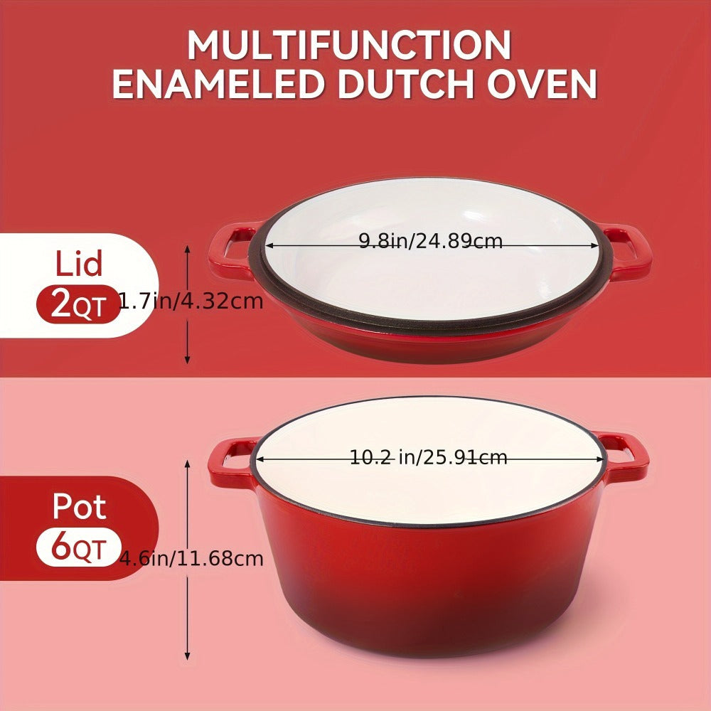 Dutch Oven 6 Quart Enameled Cast Iron 2-in-1 Pot and Bread Baker Nonstick Oven Safe to 500°F Dual Handles Compatible with All Stovetops Including Induction for Bread Baking Cooking Stewing Braising