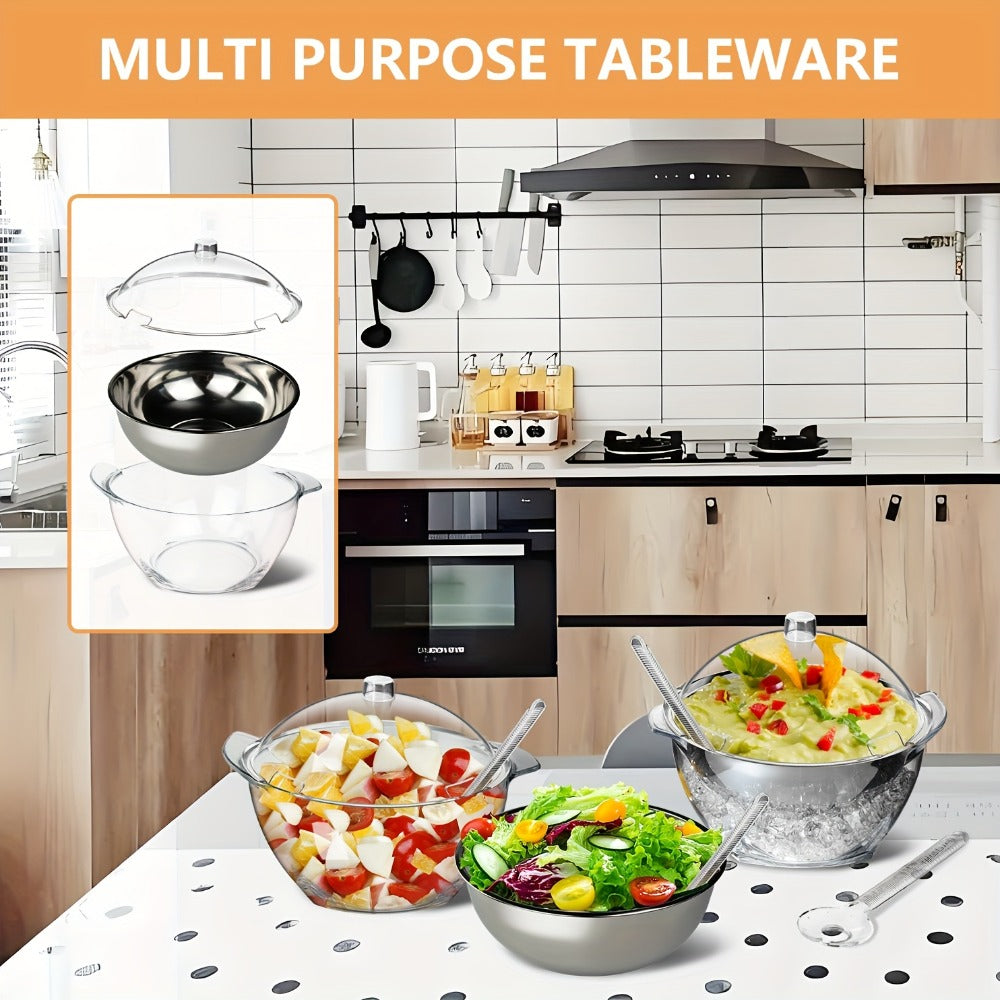 Stainless-Style Salad Bowl Set with Lid, Serving Spoons and Ice-Chiller Base for Buffet or Picnic Display