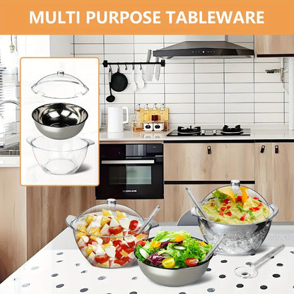 Stainless-Style Salad Bowl Set with Lid, Serving Spoons and Ice-Chiller Base for Buffet or Picnic Display