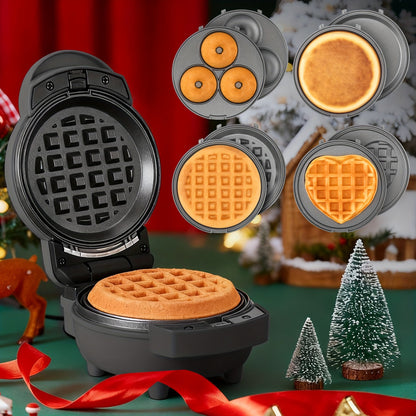 Compact Four-in-One Waffle Maker with Removable Round Plates in Graphite, Red or Blue Checkout Colors