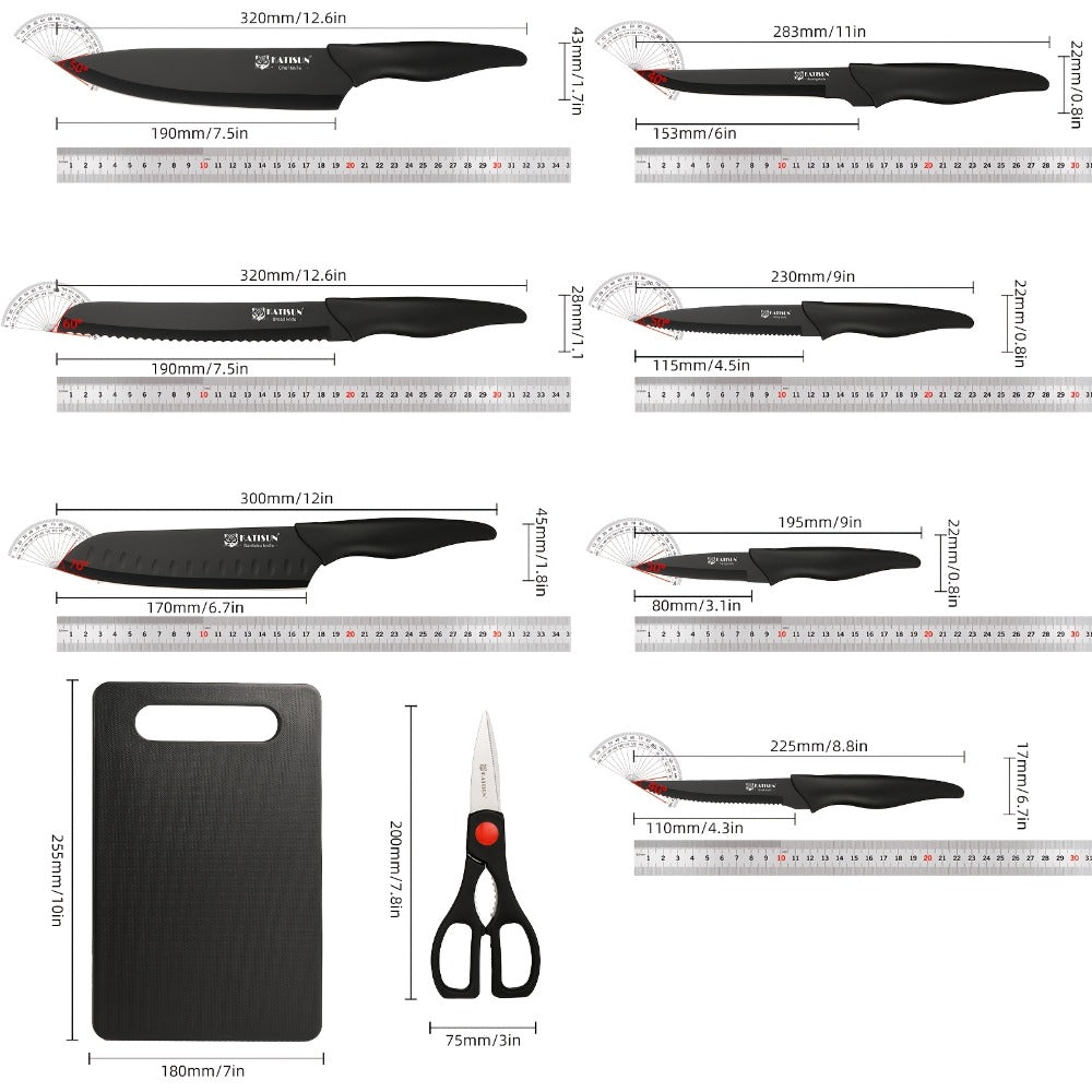 15-Piece Kitchen Knife Set with Black Handles, Steak Knives, Scissors, Honing Rod, Cutting Board and Storage Block