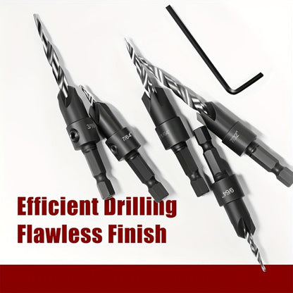 5pcs Countersink Drill Bit Set #4 #6 #8 #10 #12 Tapered with 1/4" Hex Shank Quick-Change – Adjustable Wood Counter Sinker Bits with Allen Wrench for Woodworking