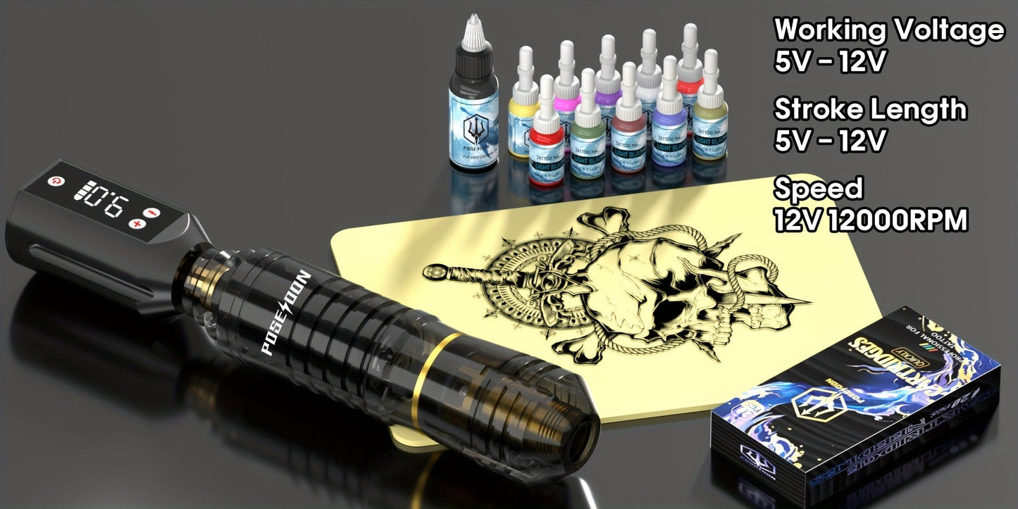 Tattoo Pen Kit Wireless Battery Tattoo Gun with LCD Screen, 1500mAh Cordless Rotary Tattoo Machine, 10pcs Cartridge Needles, 11 Color Inks & Power Supply – Complete Tattoo Kit for Beginners & Artists