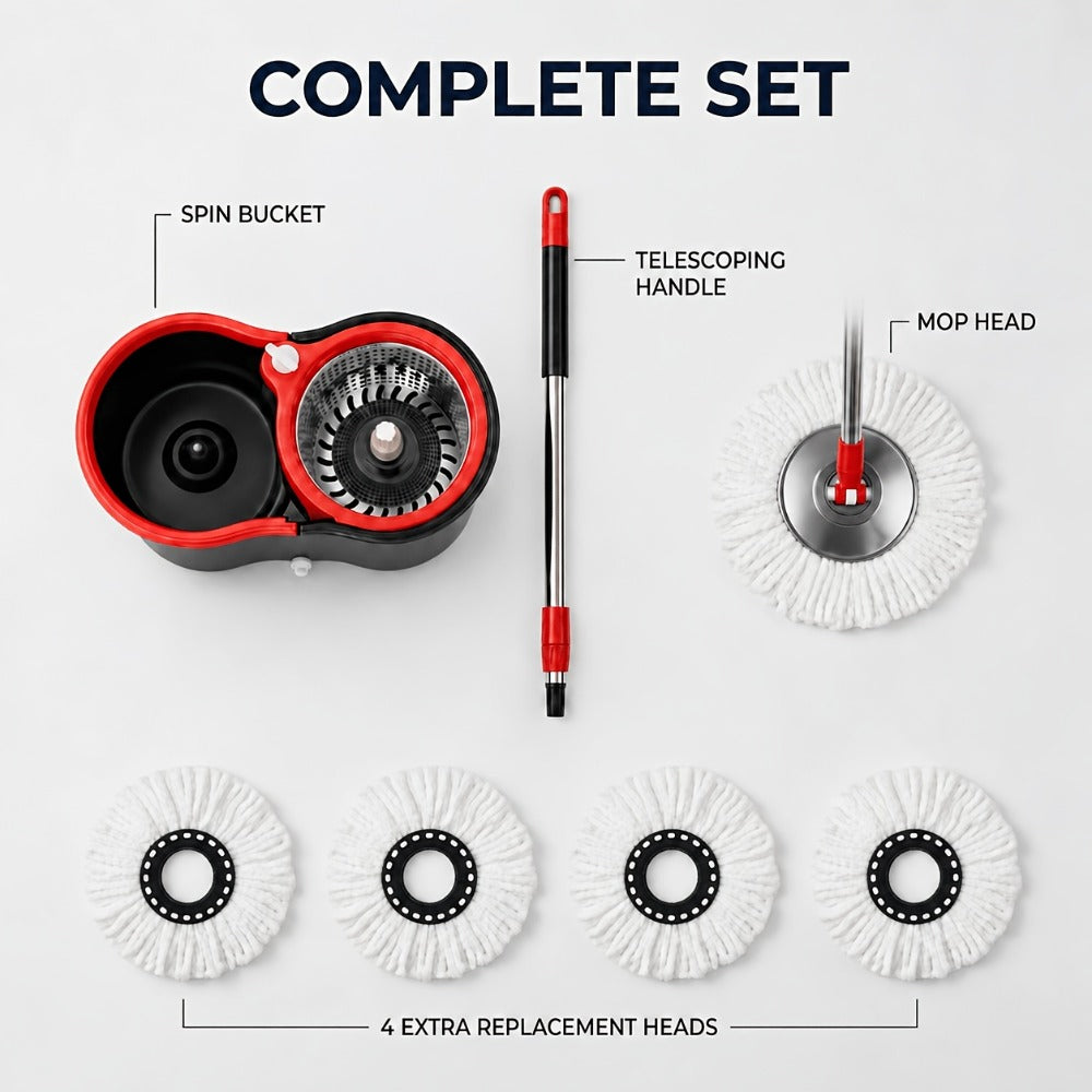 Spin Mop and Dual-Compartment Wringer Bucket Set with Telescoping Handle and Four Mop Heads