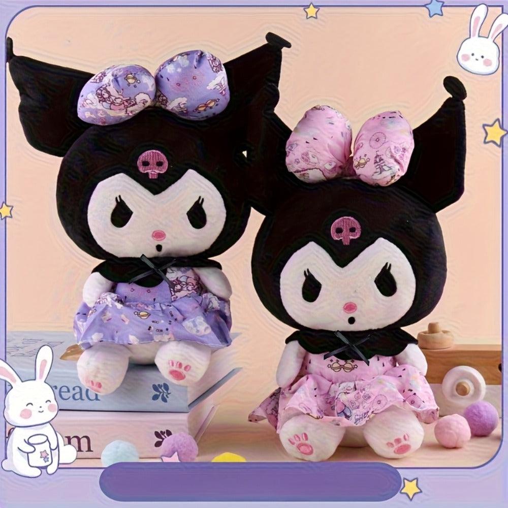 Stuffed Animal Gothic Character Doll with Skull Embroidery, Floral Bow, Princess Dress and Two Colors