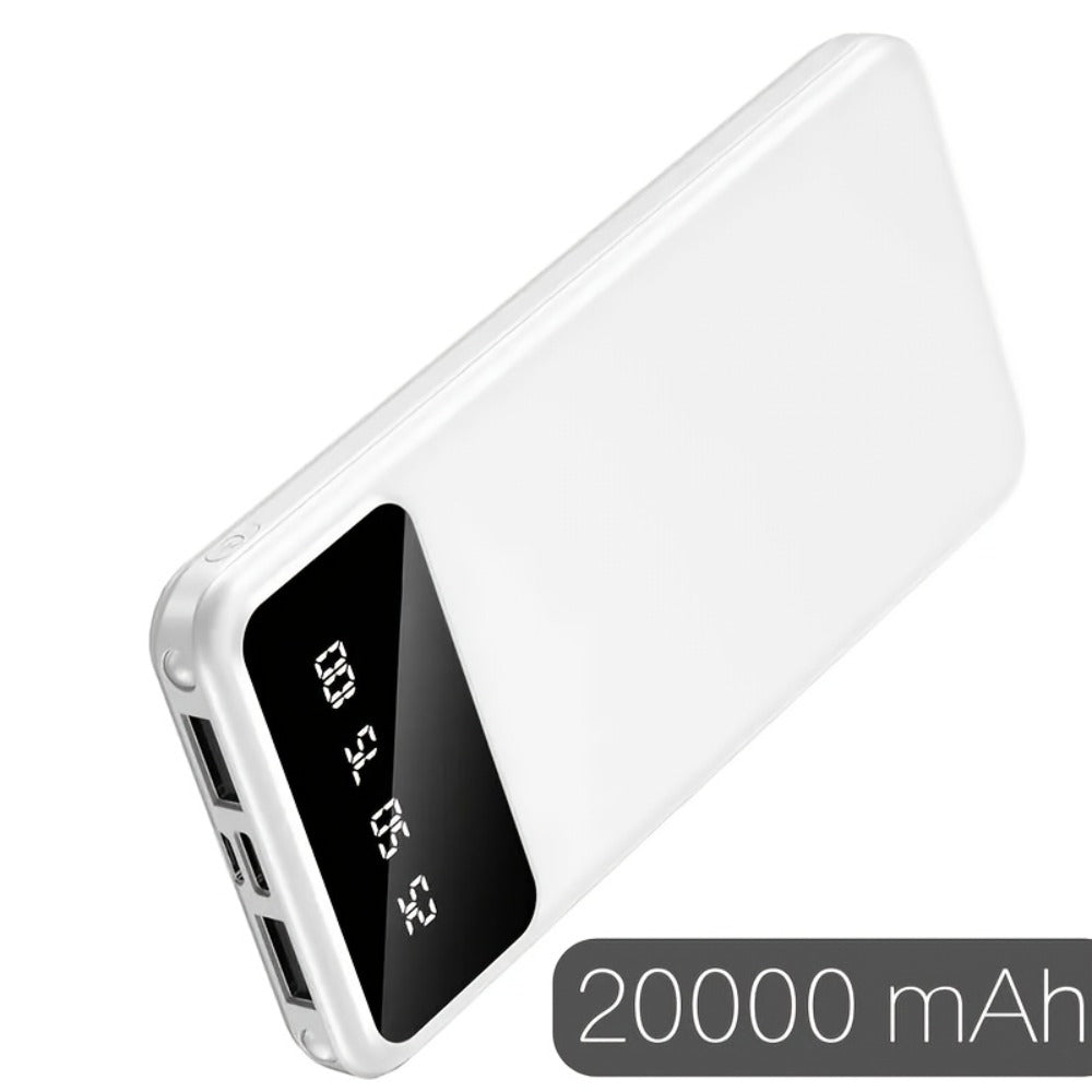 Power Bank 20000mAh Dual USB with Type-C and Micro USB Inputs, 5V/2.1A and LED Display in Black or White