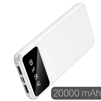 Power Bank 20000mAh Dual USB with Type-C and Micro USB Inputs, 5V/2.1A and LED Display in Black or White