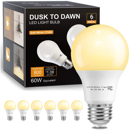 Dusk-to-Dawn A19 LED Sensor Bulbs, 9 W and 800 Lumens with E26 Base in 2700 K or 5000 K, Six-Pack