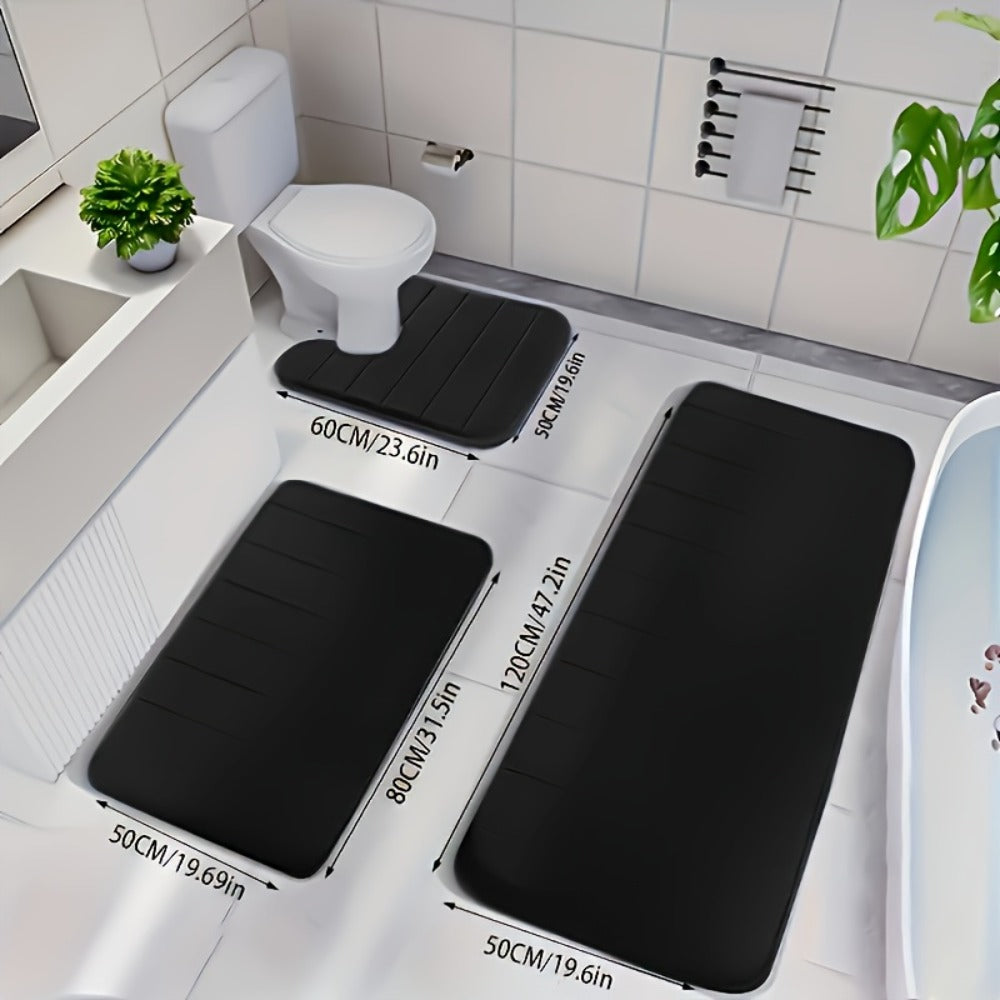 Channel-Stitched Three-Piece Padded Bath Mat Set with Long Runner and Two Matching Rugs in Nine Solid Colors