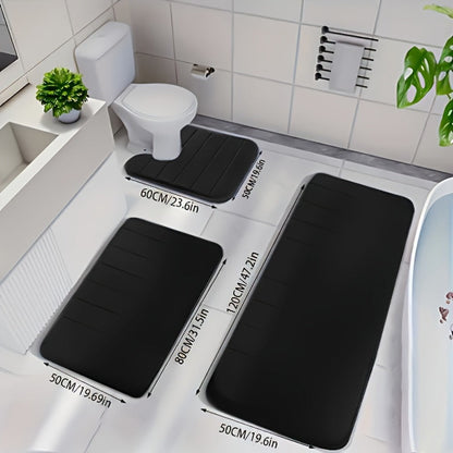 Channel-Stitched Three-Piece Padded Bath Mat Set with Long Runner and Two Matching Rugs in Nine Solid Colors