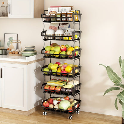 6-Tier Stackable Metal Wire Storage Basket Organizer with Wheels - Rolling Kitchen Pantry Rack for Fruits Vegetables Utensils, Space-Saving Open Shelf