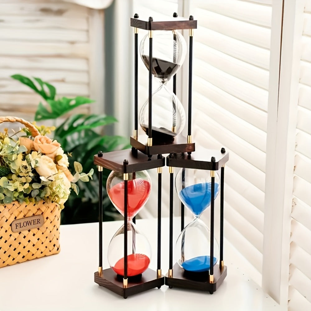 Sixty-Minute Decorative Glass Sand Timer with Wooden-Style Frame in Six Exact Color Configurations