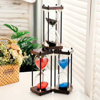 Sixty-Minute Decorative Glass Sand Timer with Wooden-Style Frame in Six Exact Color Configurations