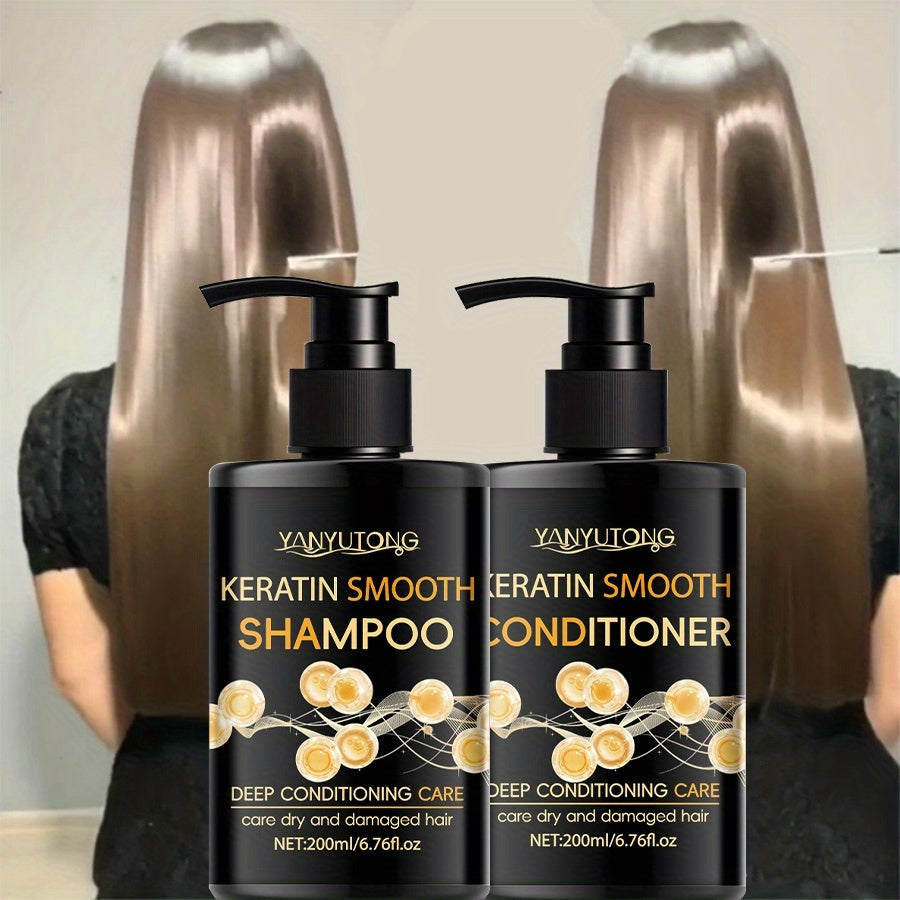 Keratin Shampoo and Conditioner Set Repairs Breakage Split Ends Moisturizes Scalp for Color-Treated Heat Damaged Dry Frizzy Hair All Hair Types Women Men 200ml Each