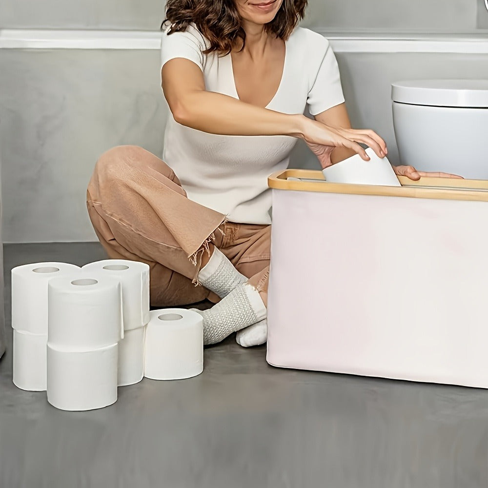 Lidded Toilet Paper Storage Basket with Bamboo-Style Rim in Five Color and Accessory Configurations