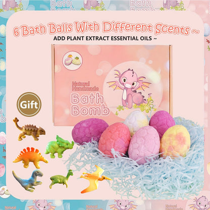 Bath Bombs, 6-Piece Pink Dinosaur Egg Surprise Gift Set with Colorful Fizzers, Hidden Toys and Box Packaging