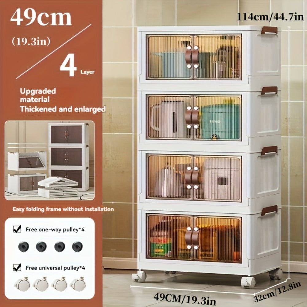 Storage Cabinet 49cm Foldable Rolling Organizer with Translucent Doors and Two to Five Layers