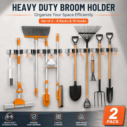 Two-Pack Wall-Mounted Broom and Mop Holders with Four Grip Racks, Five Hooks and Exact Configuration