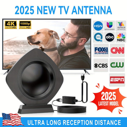 TV Antenna with Circular Omnidirectional Body, Powered Signal Amplifier, Coaxial Cable and Indoor Stand