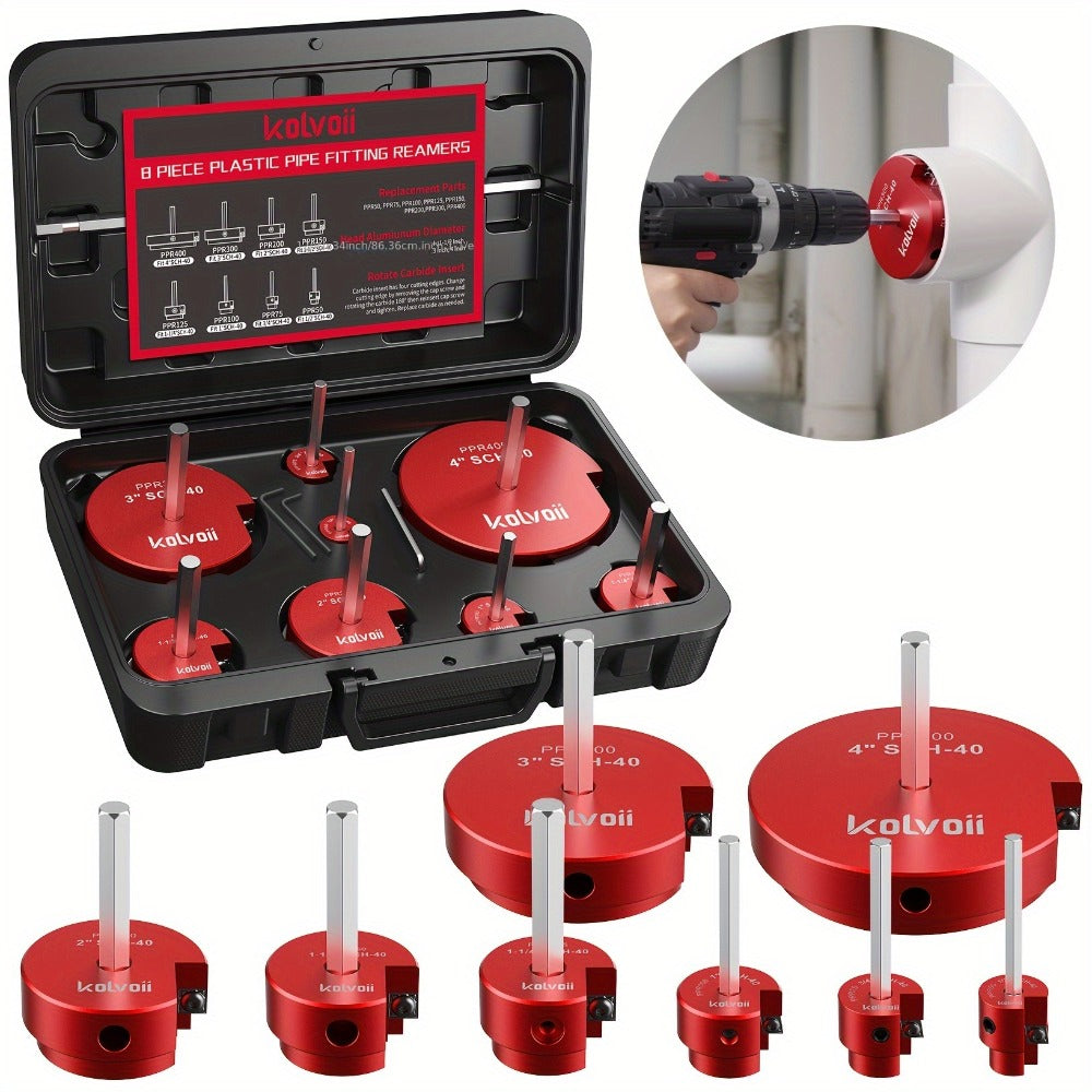PVC Pipe Reamer Kit 8pcs - Fitting Saver for SCH 40 Plastic Pipe, Aluminum Alloy Body with 11.5" Hex Shaft