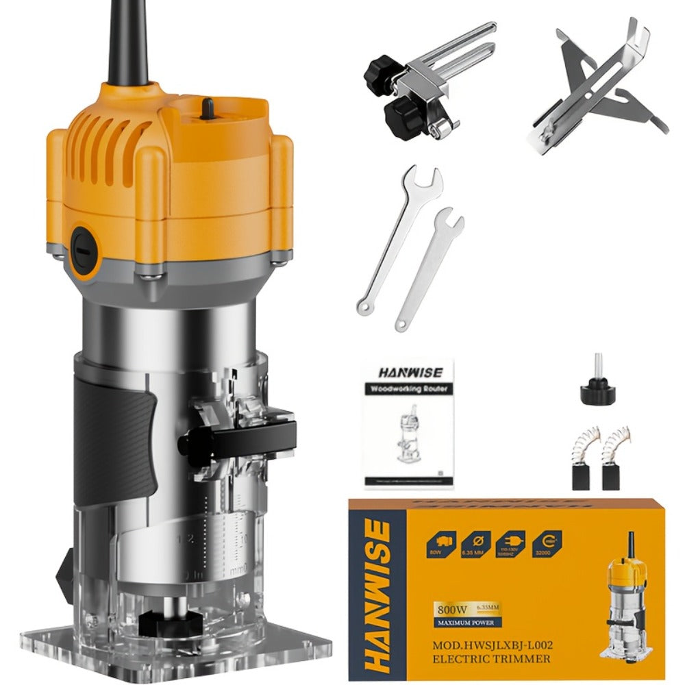 Wood Router Edge Trimmer 800W 6.1Amp Compact Hand Router Tool 35000RPM with Variable Speed, 1/4" Collet, Router Bit Set for Woodworking Slotting Carving Edge Treatment DIY Projects