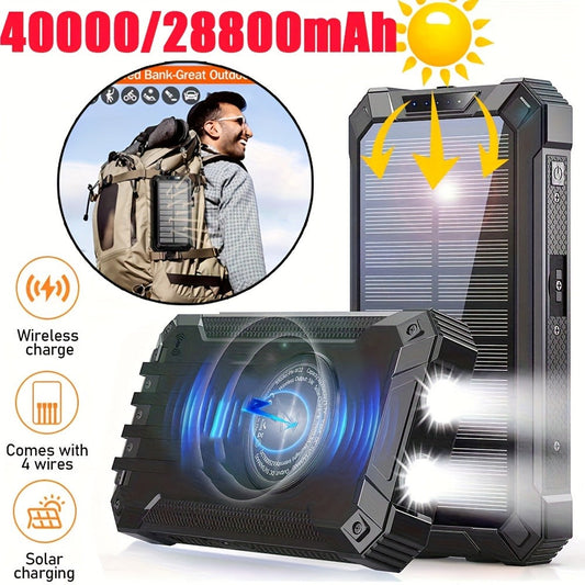 Solar Power Bank 40000mAh with Built-in 4 Cables & 15W Wireless Charging – 6 Outputs 3 Inputs Dual LED Flashlight Portable Charger for iPhone Android Tablets Camping Travel Emergency