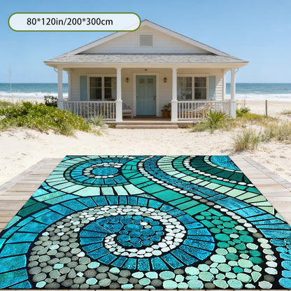 Blue Spiral Mosaic-Pattern Outdoor Rug in Five Displayed Sizes from 32 x 48 to 80 x 120 Inches