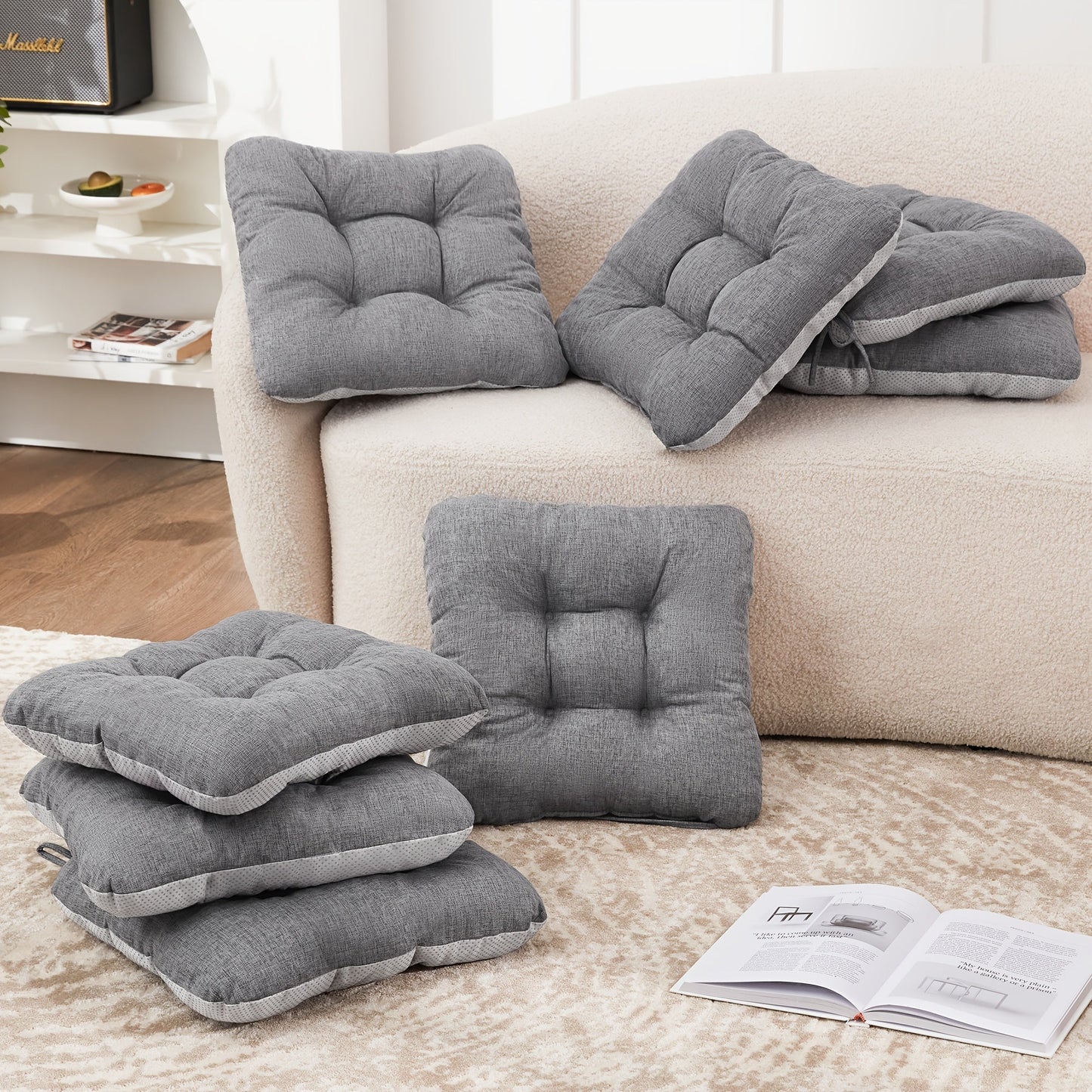 Tufted Chair Cushion Sets in 4- or 8-Piece Options with M/L Sizes, Tie Straps and 12 Color Choices