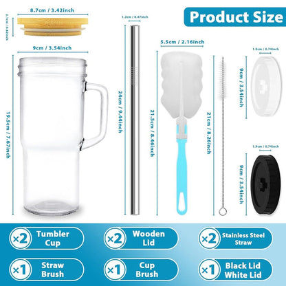 Handled Glass Tumbler Drinkware Set, 24oz Mason-Style Cups with Bamboo Lids, Straws and Brushes in 2 or 4 Pieces