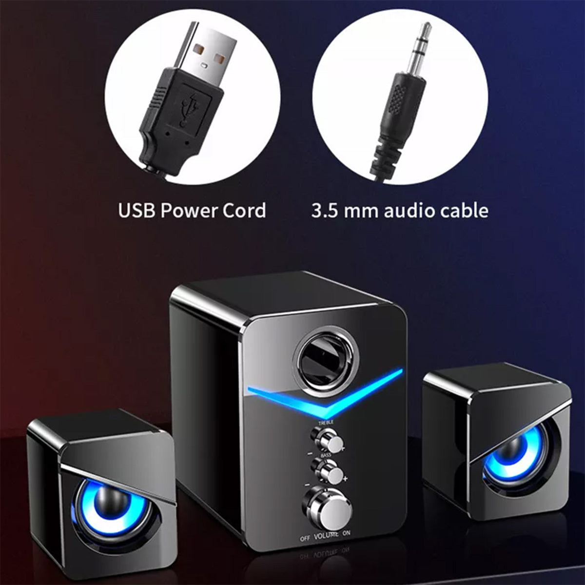 3-Piece Desktop Speaker System with Subwoofer | USB Powered PC Speakers, 3.5mm Audio Jack, Independent Bass & Treble Control, Blue LED Light – Stereo Sound for PC, Laptop, Mac & Home Office