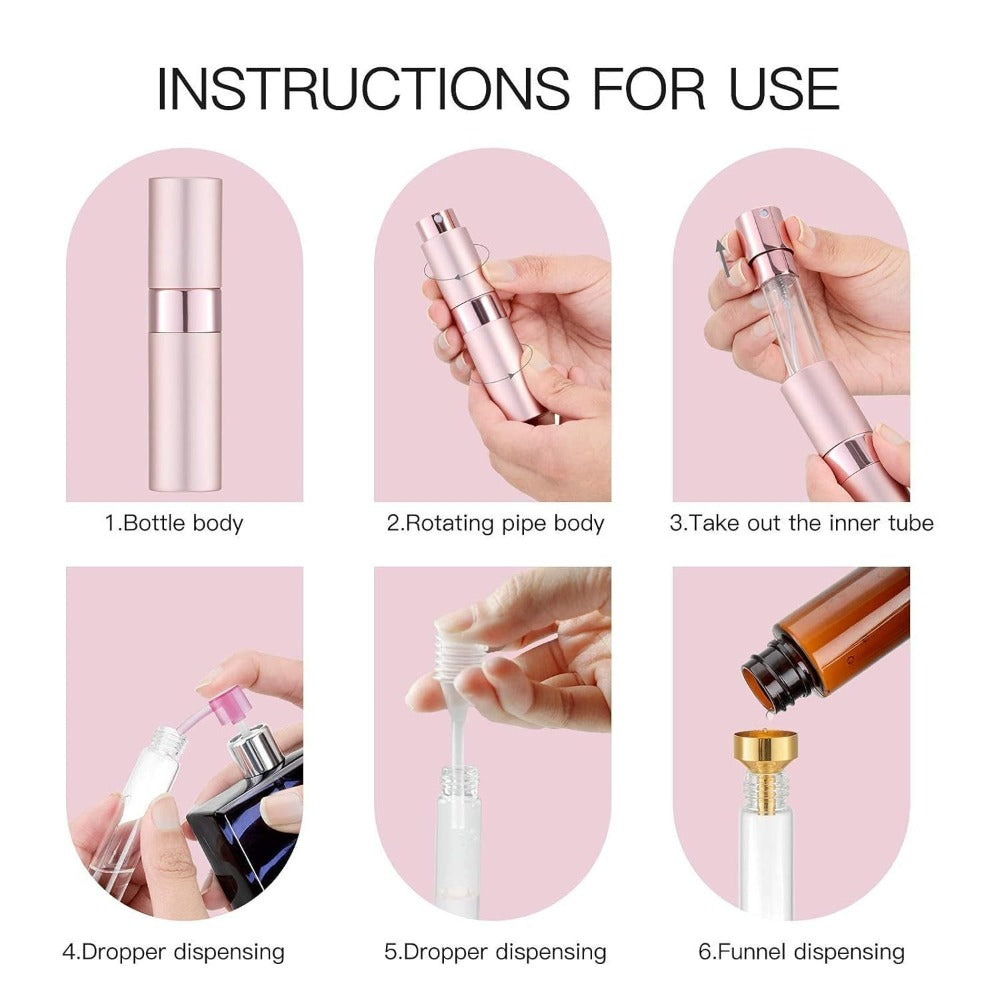 Five-Pack 8 ml Refillable Perfume Atomizers in Five Colors with Twist-Up Travel Sprayer Design