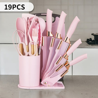 19-Piece Kitchen Knife & Utensil Set with Wooden Handles, Non-Stick Blades, Silicone Cooking Tools, Cutting Board, Scissors & Holder