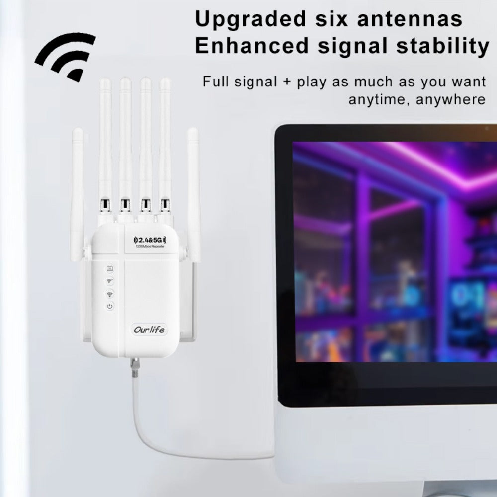 WiFi Range Extender Ourlife 1300Mbps Dual-Band 2.4/5GHz with Six Antennas and Five Color Configurations