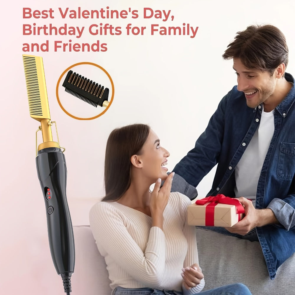 Electric Hot Comb Hair Straightener with Gold Titanium-Alloy Teeth, Detachable Guard and Adjustable Heat Controls