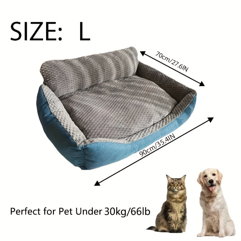 Blue-Gray Dog Bed Couch with Raised Back and Side Bolsters in Four Sizes, Plus One Random Cat Teaser