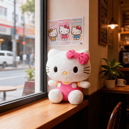 Plush Toy Bow-Wearing Cat Character Doll with Red, Pink or Blue Color Options and Soft Fabric