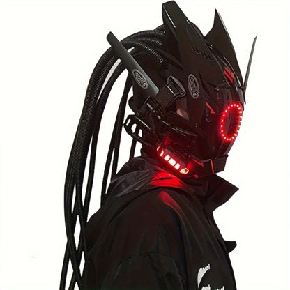 LED Braided Cyberpunk Costume Helmet with Circular Face Light and Blue, Green or Pink Accent Styles
