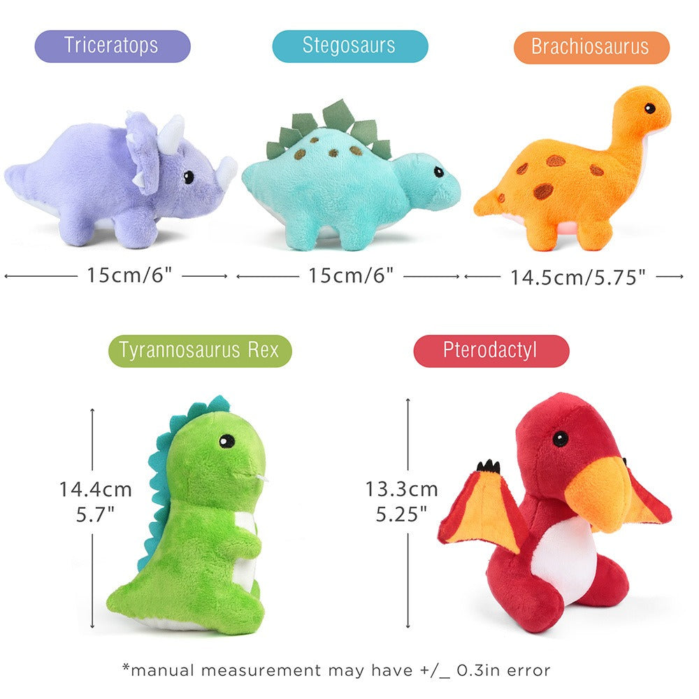 Plush Toy – Five-Pack Mini Dinosaur Set with 5–6-Inch Dinos and Green Egg Carrying Case for Display