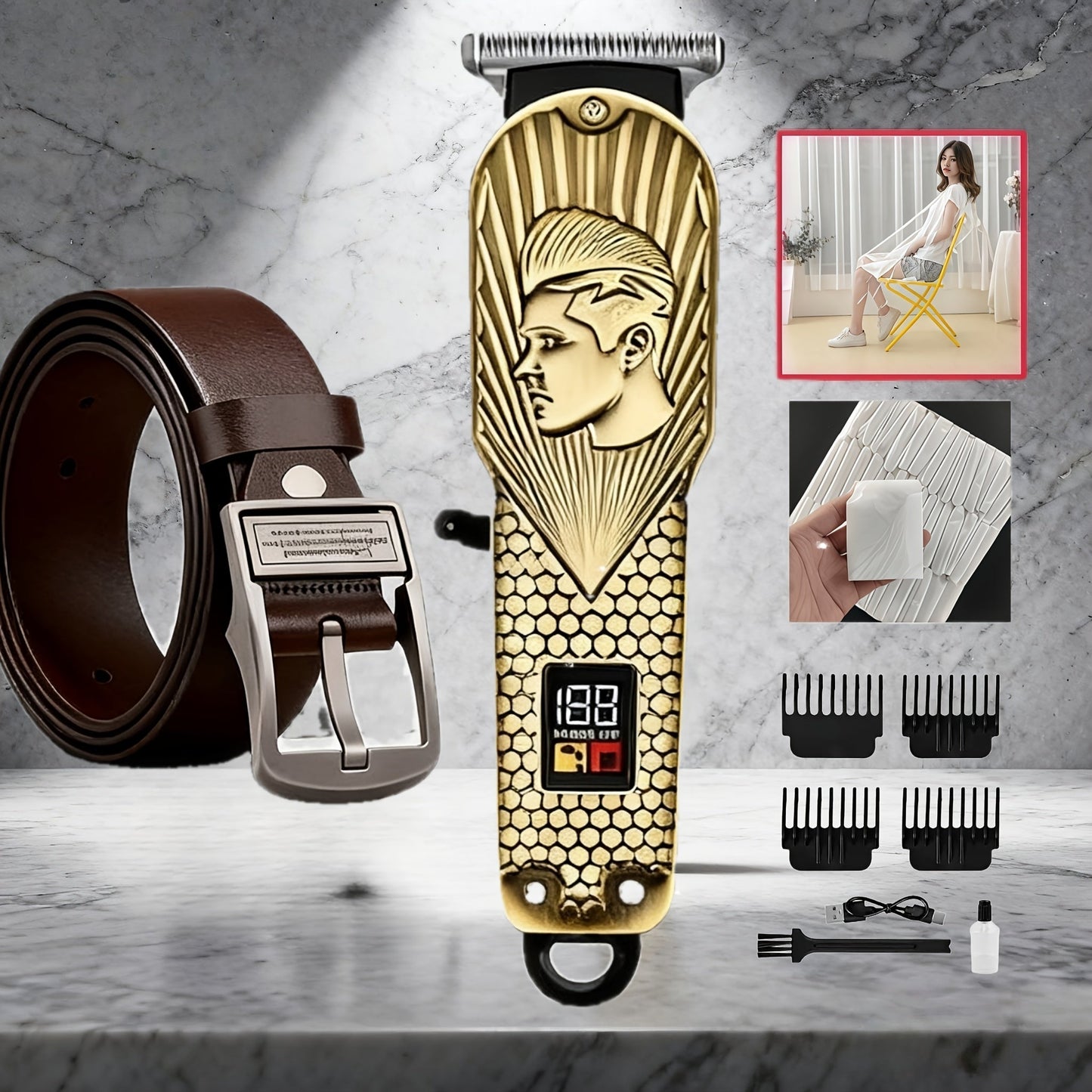 JH702 Hair Clipper Set with DC01 Fashion Belt, Digital Display, USB Charging and Two Engraved Design Options