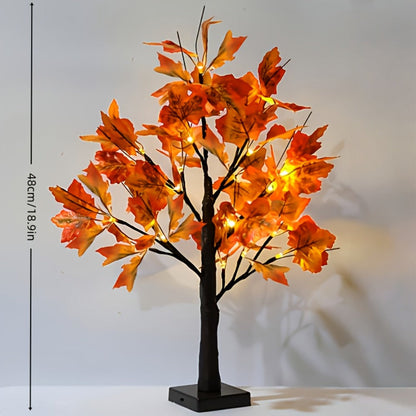Two-Piece LED Maple Leaf Tree Light Set with 24 Warm Lights, Red Autumn Leaves and Black Branches
