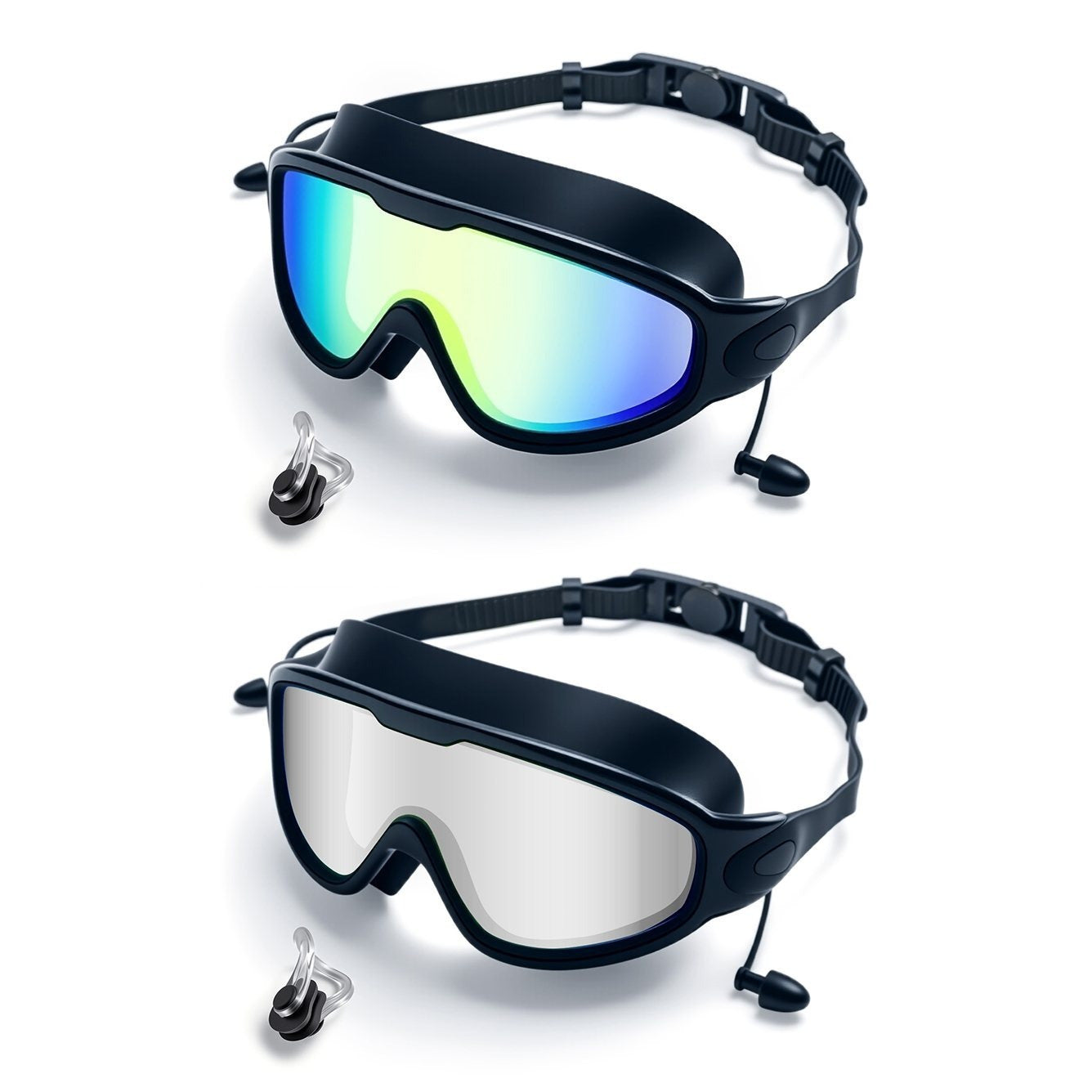 HD Swim Goggles 2 Pack – Anti-Fog Clear Vision, Adjustable Strap, Soft Seal Comfortable Fit for Adults, Pool Training Beach Water Sports, Earplugs Nose Clip Case Included