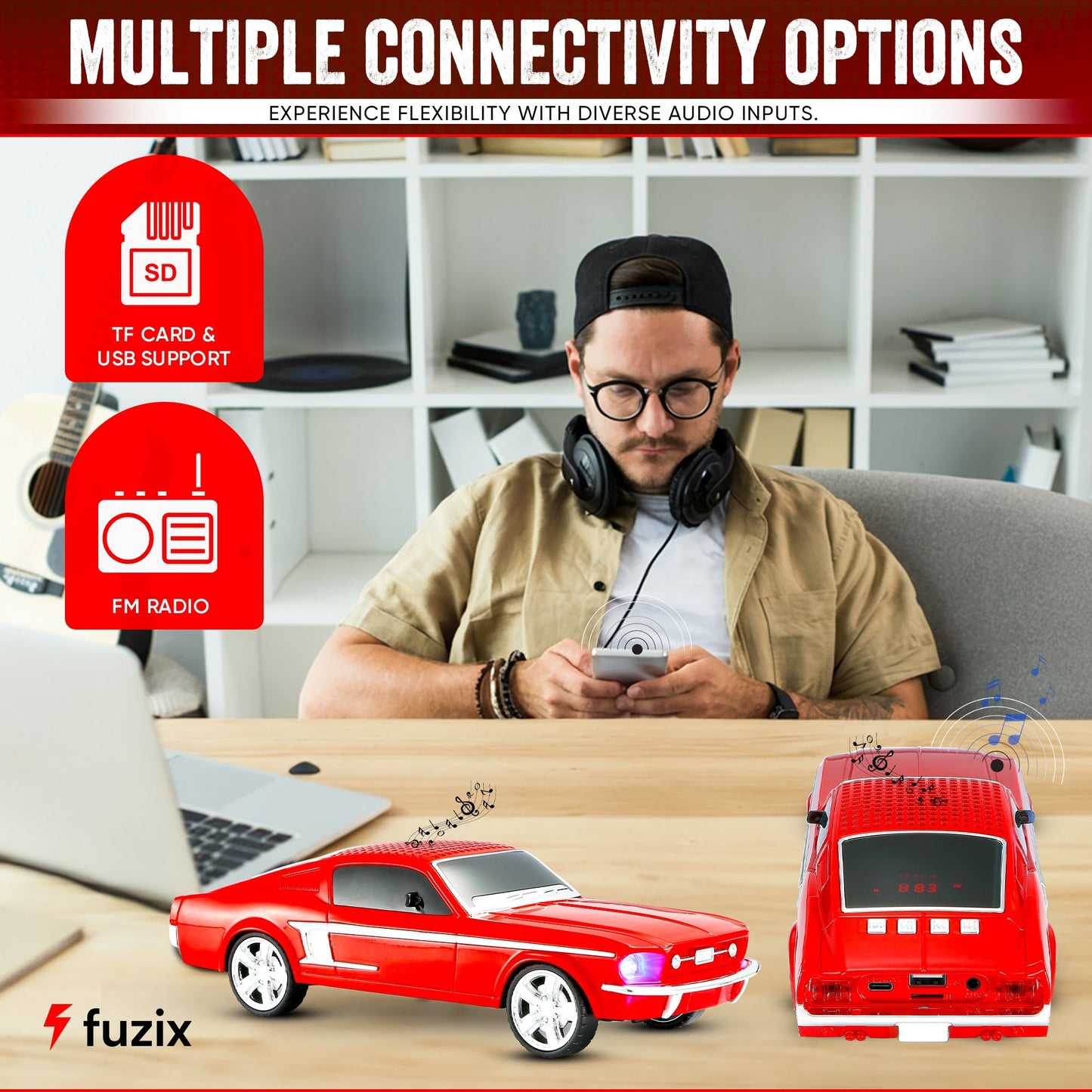 Fuzix WS-1967 Classic Car Bluetooth Speaker with LED Lights | Retro Replica Wireless Stereo, FM Radio, USB/TF/AUX, Built-in Mic, Rechargeable – Novelty Gift for Car Enthusiasts, Home, Travel & Parties