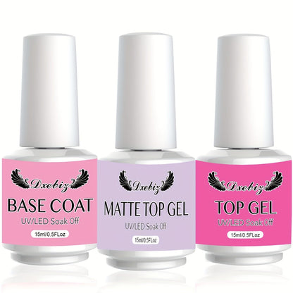 Gel Nail Base & Top Coat Kit 3pcs No-Wipe Glossy & Matte Top Coat + Base Gel — Long-Lasting Soak-Off LED Salon Nail Art Complete System 0.51oz Each for Home & Salon