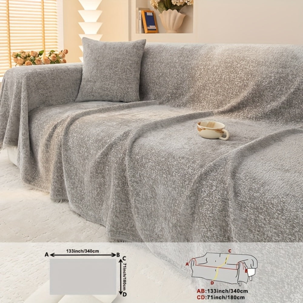 Sofa Cover 300 GSM Solid Chenille Throw with Fringe in Four Colors and Sizes from Single Seat to 71 x 150 Inches