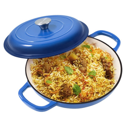 3QT Enameled Cast Iron Dutch Oven Braiser with Shallow Round Body, Fitted Lid and Three Colors