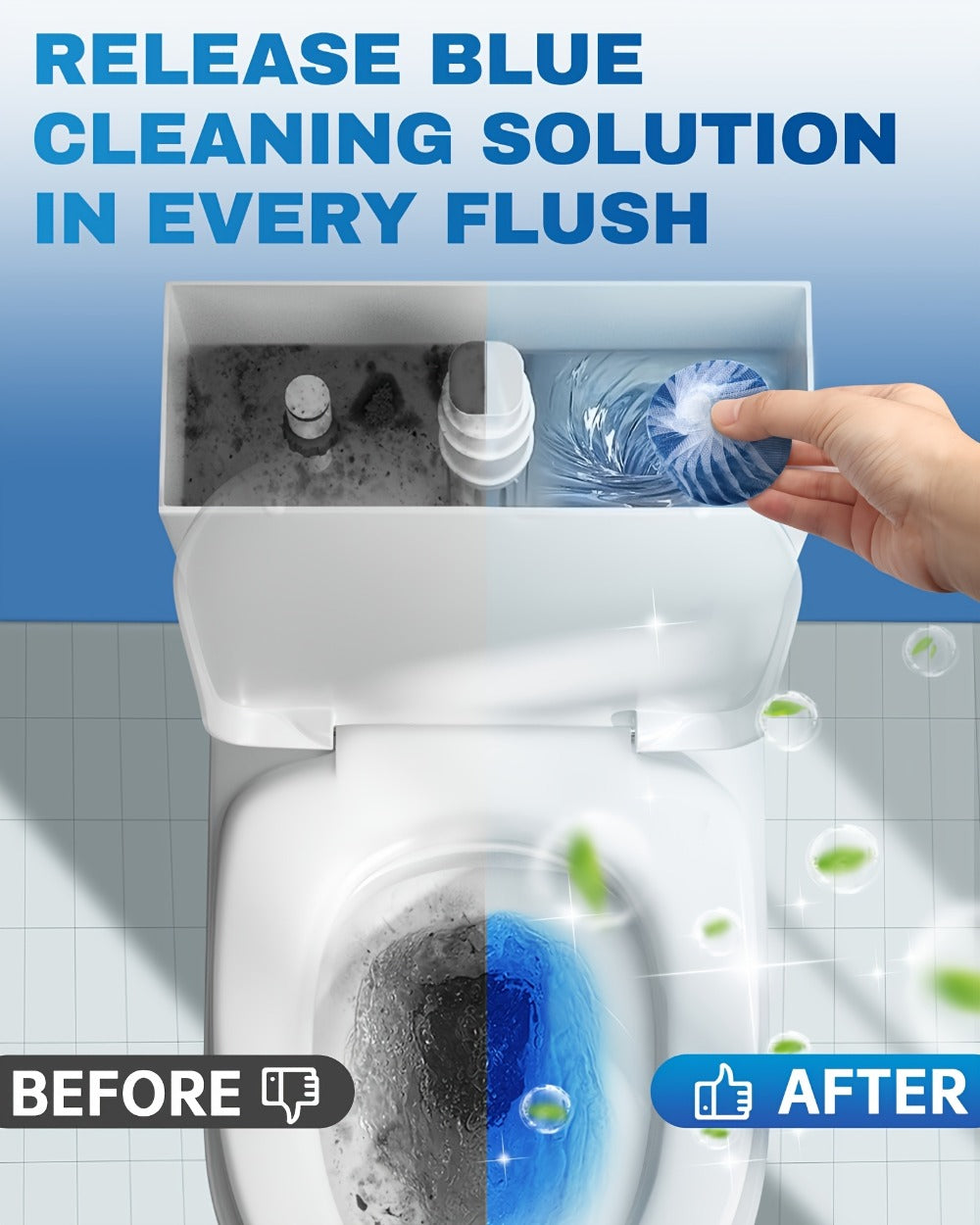 Blue Mesh-Wrapped Toilet Bowl Cleaner Tablets in 20-, 24- or 48-Piece Checkout Packs with Pictured 1.8-Inch Height