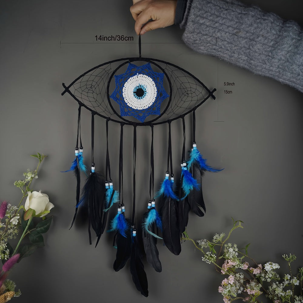 Evil Eye Dream Catcher Wall Decor with Woven Blue Motifs in Black, Beige or Two-Piece Round Set